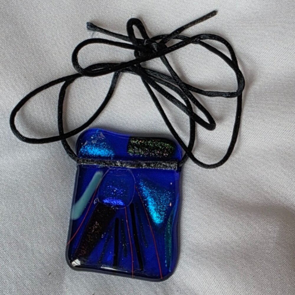 Dichroic Art Fused Glass Necklace Pendant Cobalt Blue Teal Sparkle Steampunk